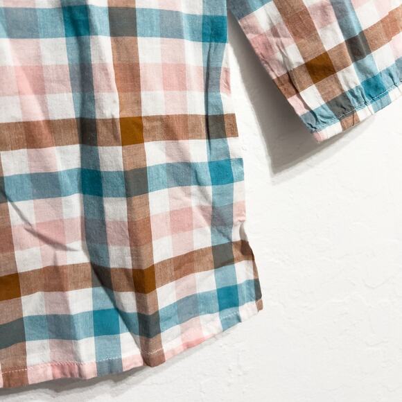 Mini Boden Plaid Bow Tunic Top Girl 7-8y Blue Brown Preppy 3/4 Sleeves - Picture 3 of 5